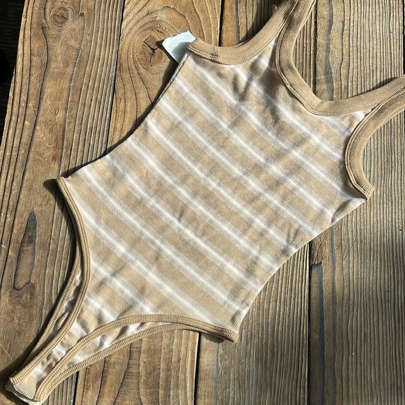 NWT Steve Madden Striped Cotton Bodysuit- Tan and Cream - Picture 3 of 4